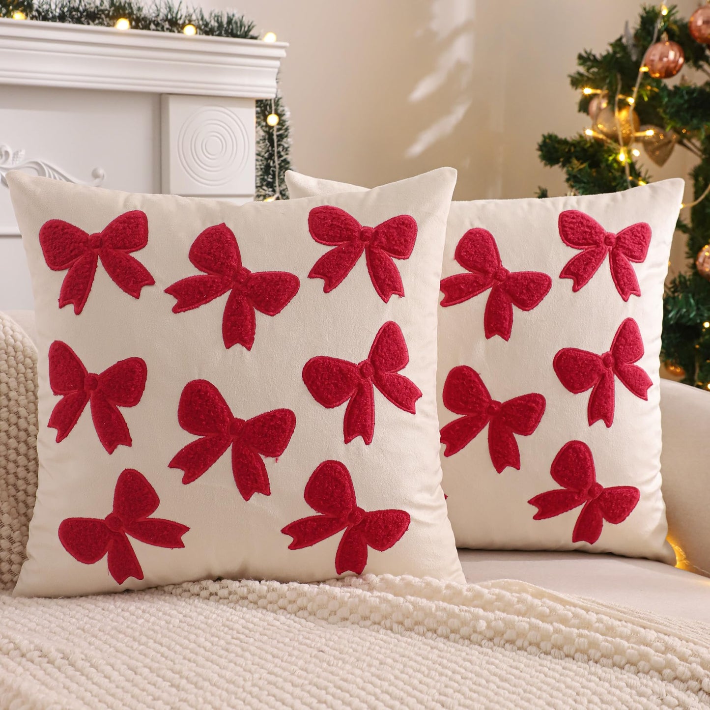 Tosleo Red Bows Pillow Covers 18 x 18 inch Set of 2 Velvet Embroidery Throw Pillow Cover Merry Xmas Party Decor Pillowcase Winter Holiday Cushion Case