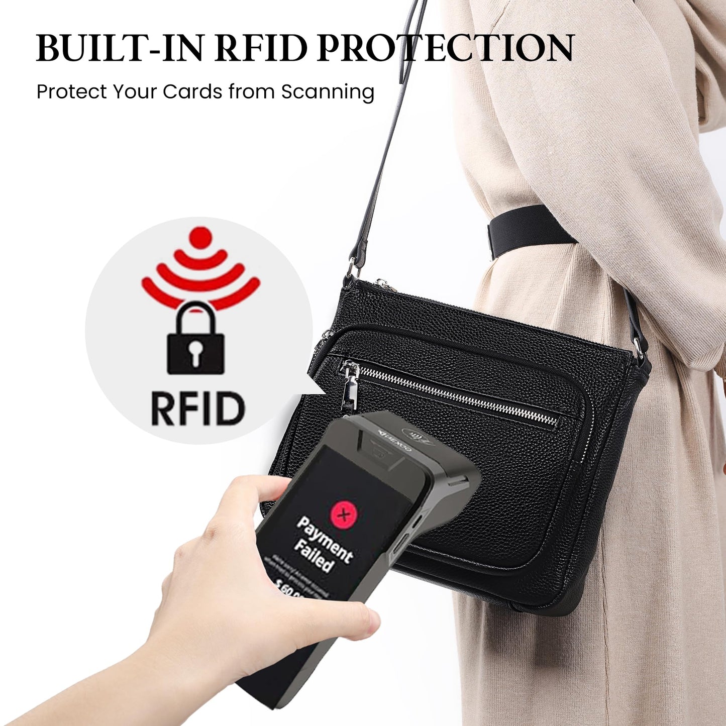 befen Genuine Leather Crossbody Bags for Women, Black Leather Purse with Built in Wallet, RFID Blocking Womens Handbag Shoulder Bag with Multi Zipper Pockets