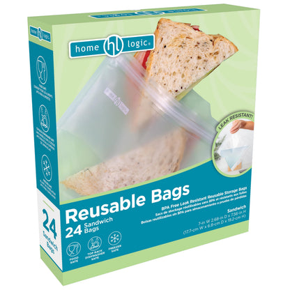 Home Logic Reusable Bag Combo Pack – 24 Leak Proof Food Storage Bags for Snacks & More – 8 Gallon Bags, 8 Sandwich Bags & 8 Snack Bags