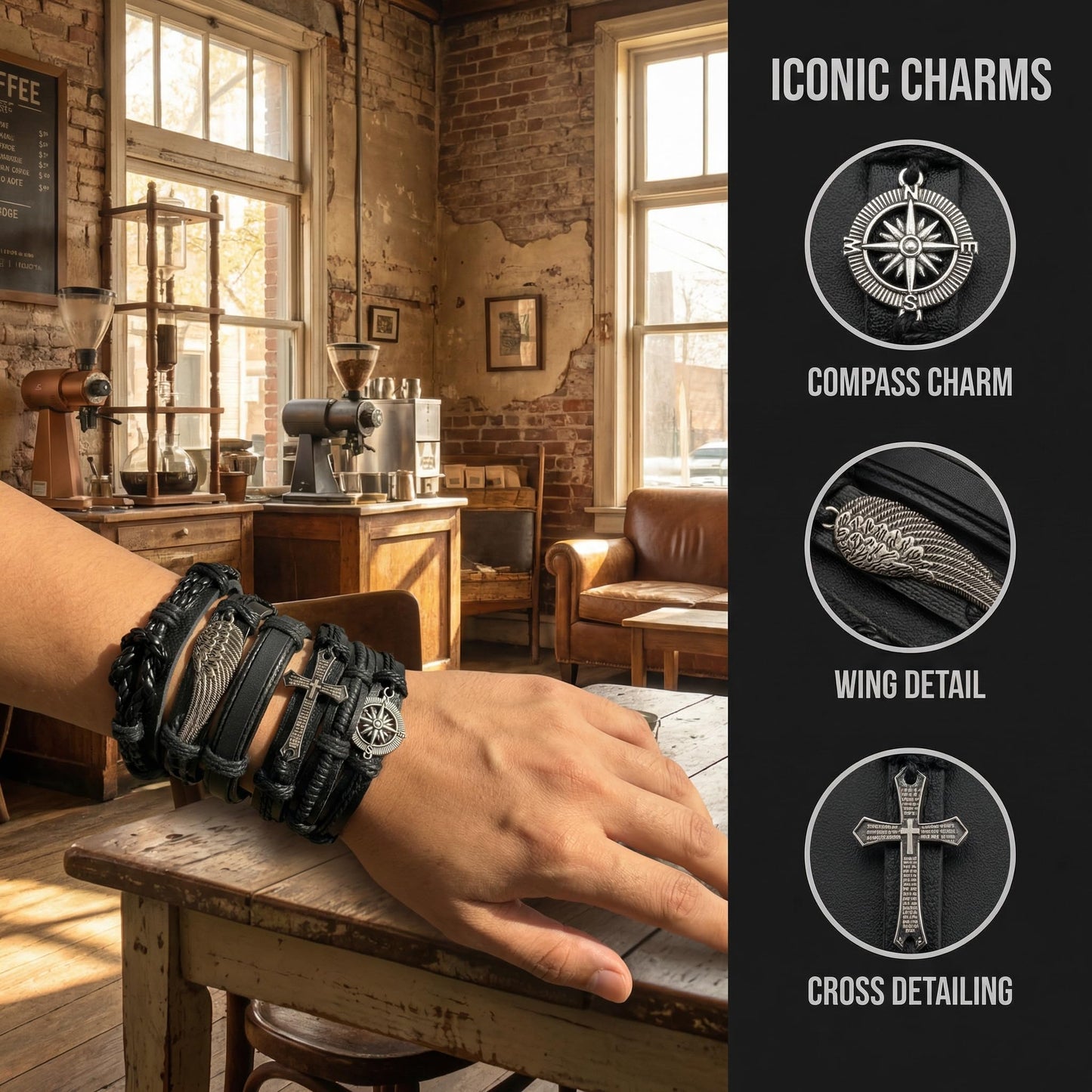 AFIKJHONS Handmade Leather Bracelet Set for Men Women, 6 Pcs Vintage Black Bracelets with Cross Compass Wing Charms, Adjustable Wristband Jewelry