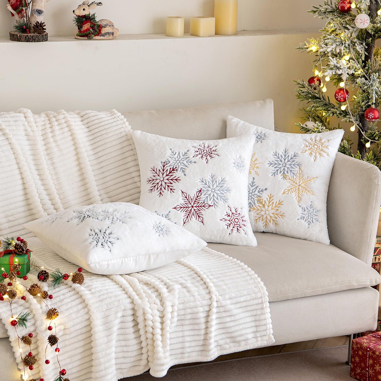 MIULEE Pack of 2 Christmas Decorative Throw Pillow Covers Soft Faux Fur Pillow Cases with Embroidery Snowflake Winter Cute Pillowcases Holiday Decor for Couch Sofa Bedroom, 18×18 Inch, Burgundy