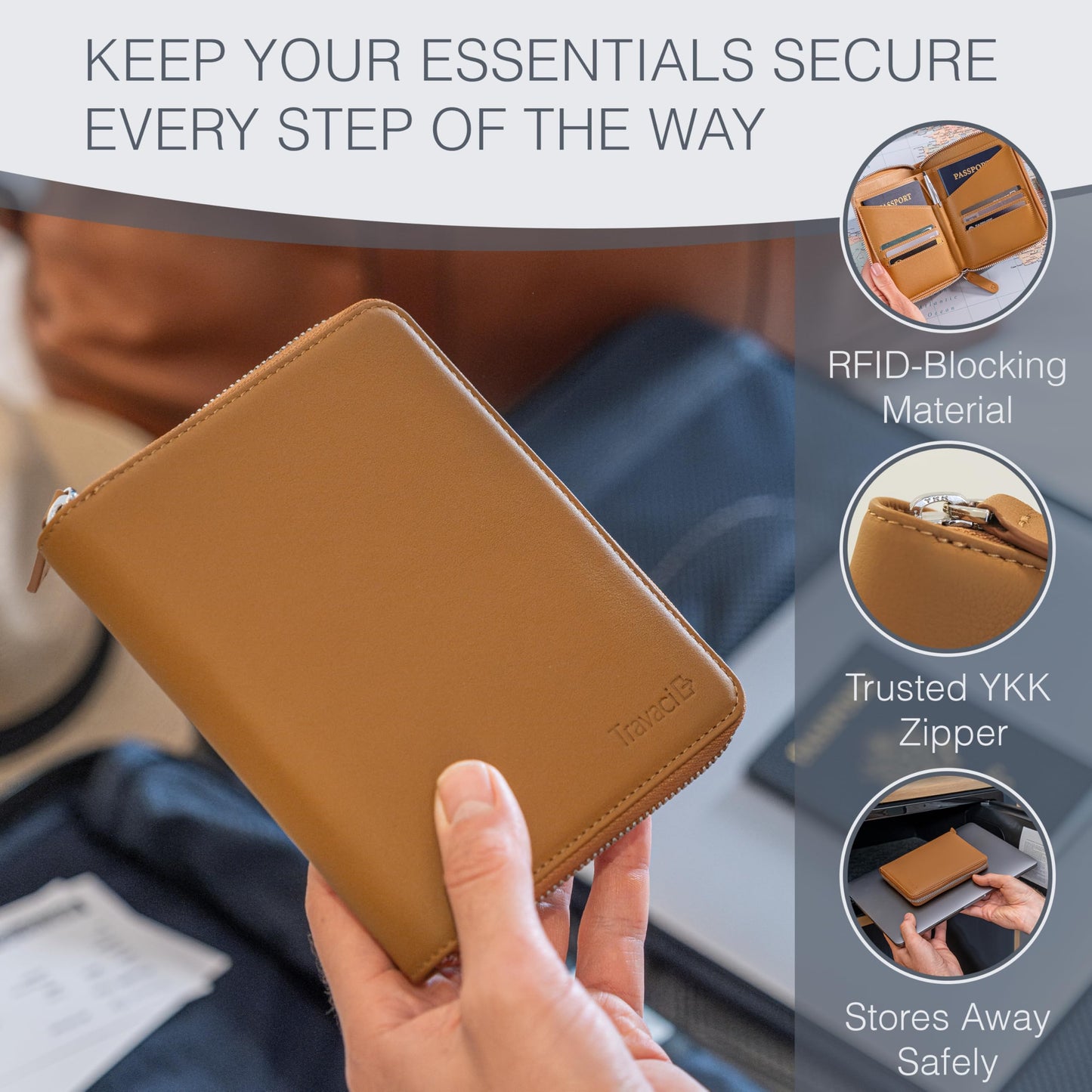 Travaci Full Grain Leather Passport Holder for 2 Passports - Dual Passport Holder and Travel Documents Organizer - RFID Travel Wallet for Couples - Camel