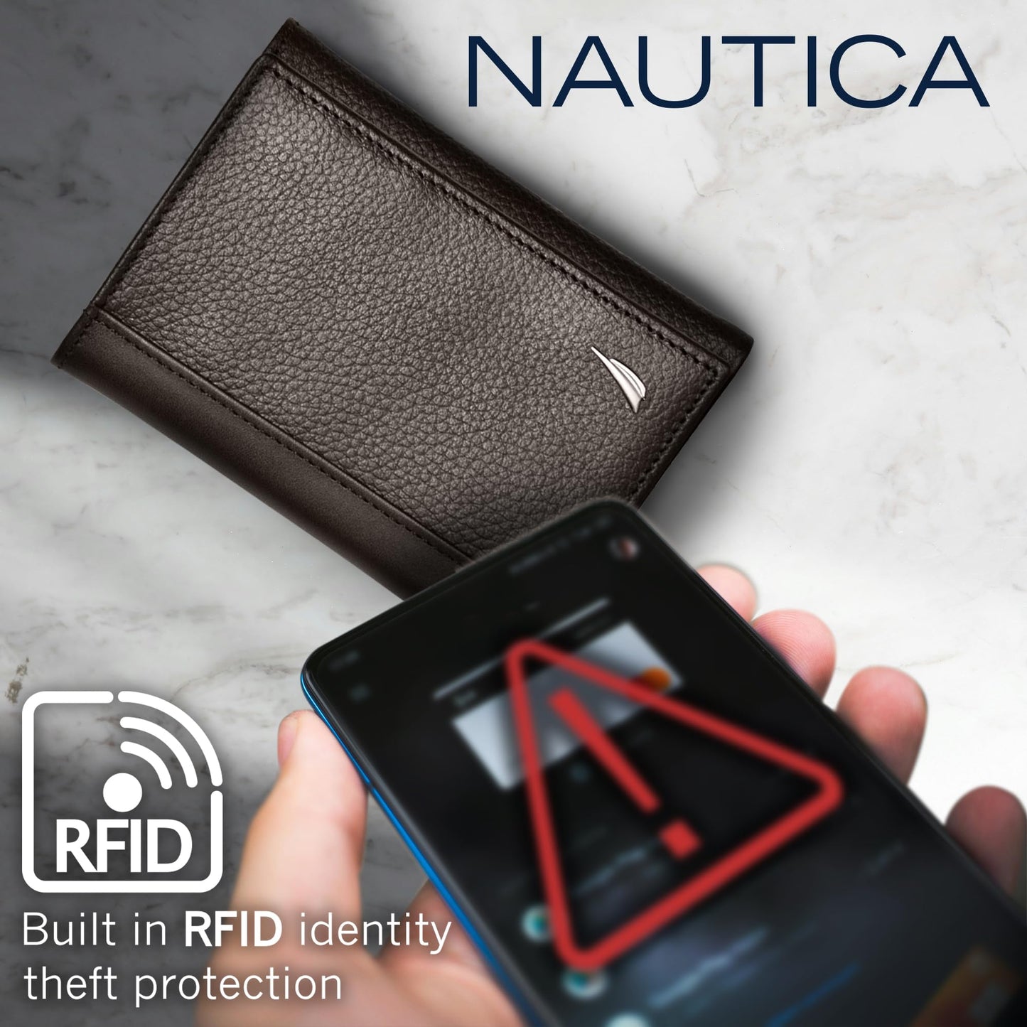 Nautica Mens Classic Trifold Wallet | RFID Blocking Protection | ID Window | 6 Card Slots | 2 Slip Pockets | Genuine Leather | Organization | Durable | Stylish - Brown