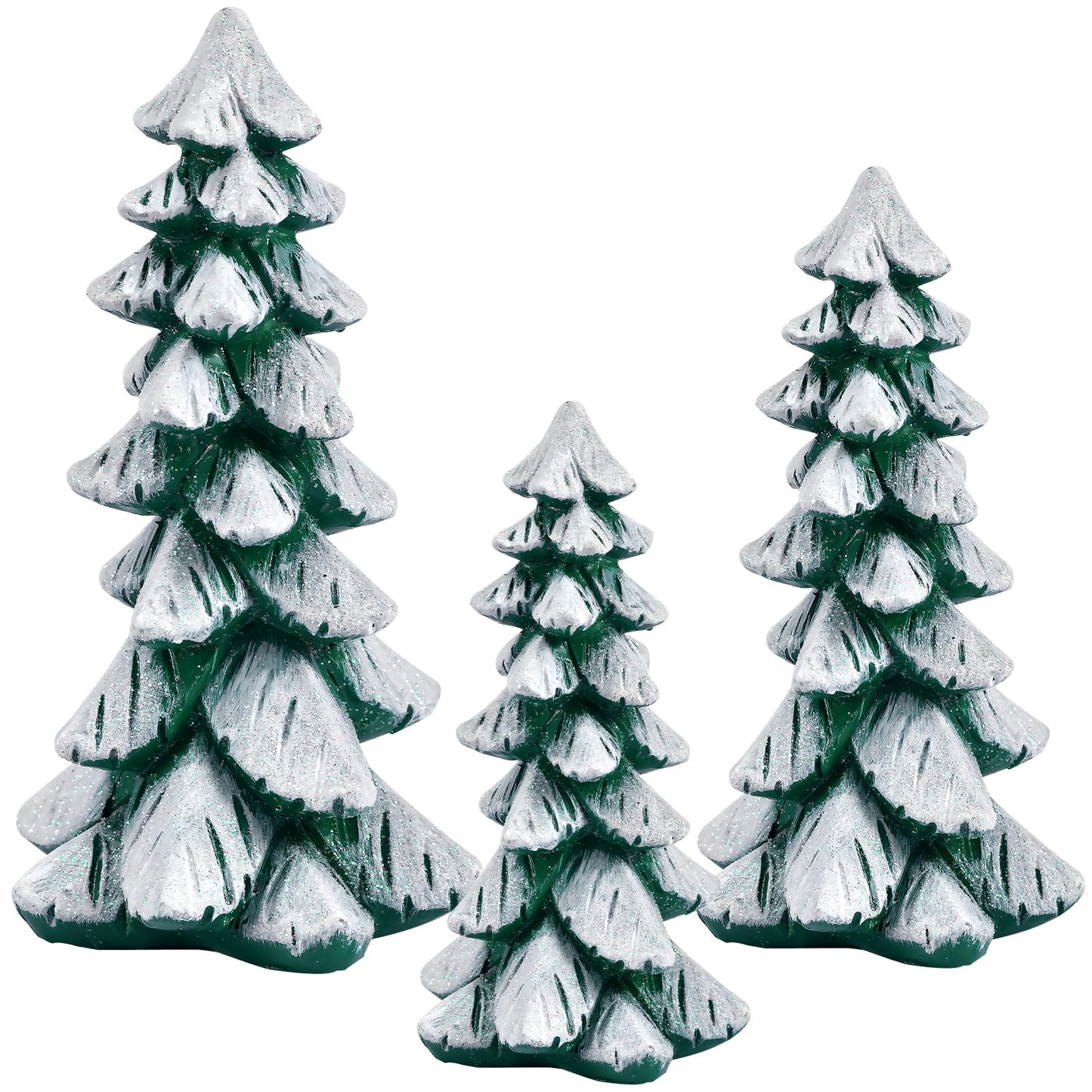 Resin Christmas Tree Figurines, 3pcs Snow-Dusted Tabletop Christmas Trees for Winter Decor, Rustic Christmas Table Decor, Holiday Table Centerpieces for Home, Shelf, Mantel (white-green)