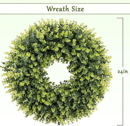 24 Inch Large Boxwoods Green Spring Artificial Wreath for Front Door, Year Round Spring Summer Winter Wreaths for Wall Window Porch Home Farmhouse Wedding Outdoor Outside Indoor Decorations