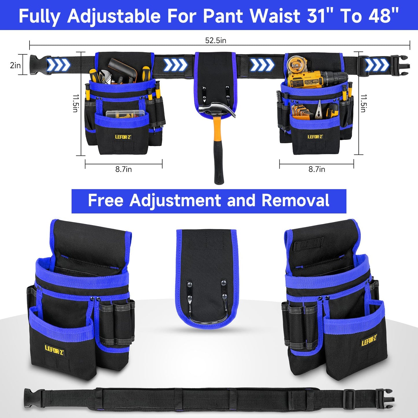 Tool Belt,Magnetic Tool Pouch,27-Pockets Heavy Duty Tool Belts for Men,Detachable Tool Pouch Bag for Electrician,Carpenter,Construction,Work Apron,Utility Belt,Valentines Day Gifts for Men,Black,Blue