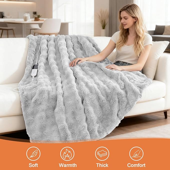 Heated Blanket Electric Throw Blanket 84''X 90''-Heating Blanket with 6 Heat Settings-10 Hours Auto Off,Cozy Faux Rabbit Fur Bubble Electric Blanket,Light Gray