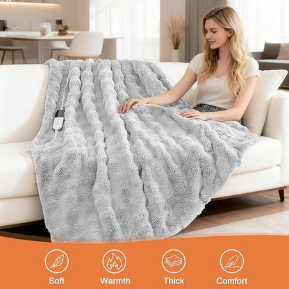 Heated Blanket Electric Throw Blanket 84''X 90''-Heating Blanket with 6 Heat Settings-10 Hours Auto Off,Cozy Faux Rabbit Fur Bubble Electric Blanket,Light Gray