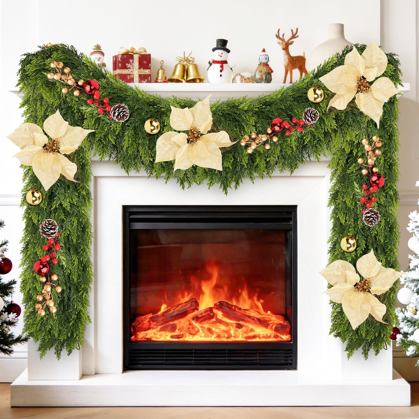 Real Touch Cedar Garland for Home, Thicken Cypress Green Artificial Greenery Garlands, 6FT Realistic Pine Garland with Flowers Berries Pinecones Balls, Cedar Garlands for Christmas in July Decorations