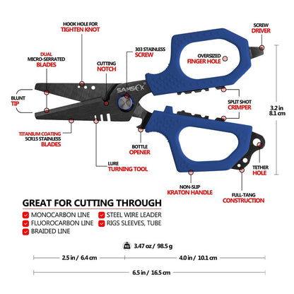 SAMSFX 6.5" Pro Fishing Shears Dual Serrated Blades, Fishing Braided Line Scissors with Titanium Coating, Non-Slip Grip & Multifunction Tool, Includes Hard Molded Locking Sheath & Coiled Lanyard