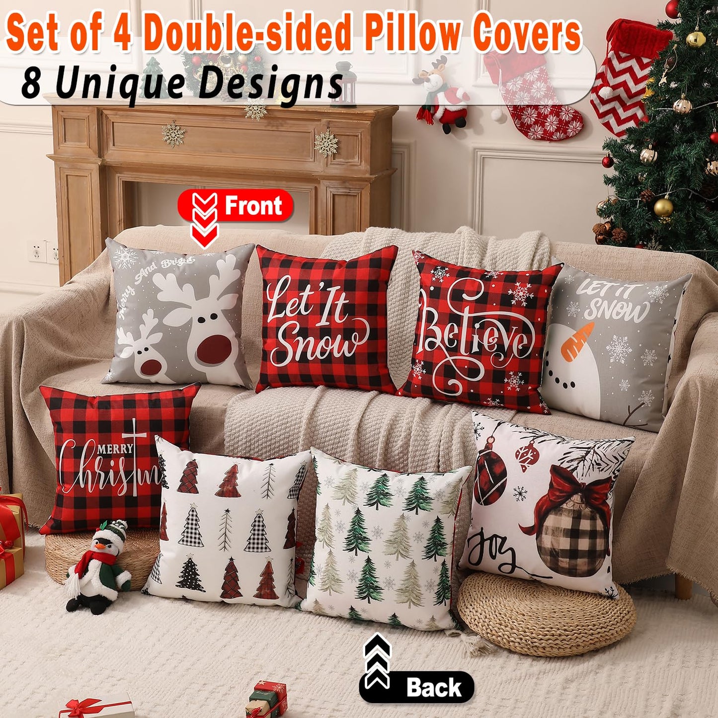 multiwins Double-Sided Print Christmas Pillow Covers 20"x 20" Set of 4, 8 Cute Christmas Patterns, Tree, Reindeer, Snowman, Joy, Let It Snow, Believe Etc, Perfect for Home Decor