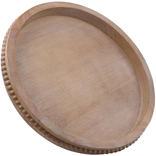 Hrastany Wood Decorative Serving Tray with Bead, Round Vintage Wooden Ottoman Tray for Home Centerpiece, Counter Organizer, 13” Circle Tray for Kitchen, Living Room (Rustic Brown)