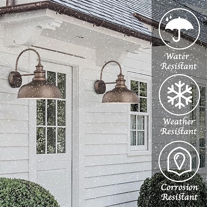 Bestshared Gooseneck Barn Light 14 Inch Dome Farmhouse Wall Sconce, Outside Wall Mount Light, Exterior Lighting Fixture, Front Door Porch Lantern Lamp for Entryway, Patio (ORB+White, 14” Dome-2Pack)