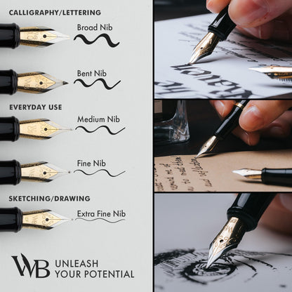 Wordsworth & Black Fountain Pen Set, Medium Nib, Includes 24 Ink Cartridges and Ink Refill Converter, Gift Case, Journaling, Calligraphy, Smooth Writing Pens [Black Gold], Perfect for Men and Women