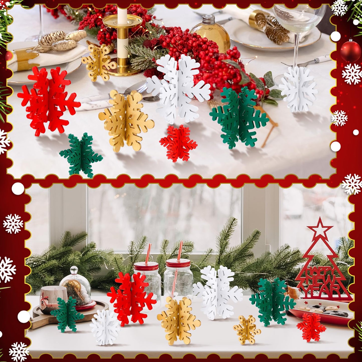 Wenqik 16 Pcs Winter Wooden Snowflake Decor Christmas Winter Snowflake Tabletop Decorations 3D Snow Table Signs Standing Centerpiece Xmas Tiered Tray Decorations for Party(Gold, White, Green, Red)