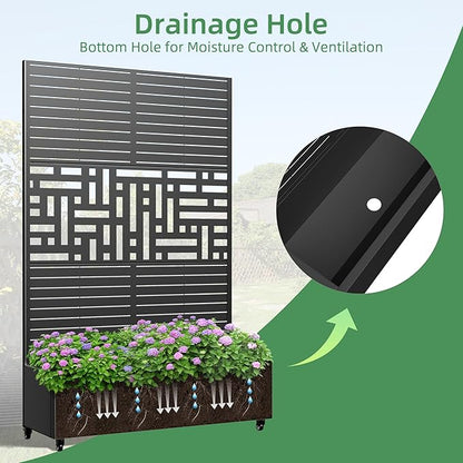 Casaphoria Metal Raised Garden Bed with Trellis and Wheels, 72"x47"x16" Planter Box for Climbing Plants, Vegetables & Vines, Features Drainage Holes and Privacy Screen, Black(Louvered&Helen)