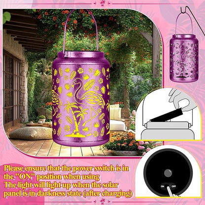 Solar Lanterns Outdoor Waterproof Flamingo Garden Decor Lantern, Gifts for Women ,Retro Metal Hanging Solar Lights Decoration Outside for Yard, Patio,Backyard,Porch (Purple