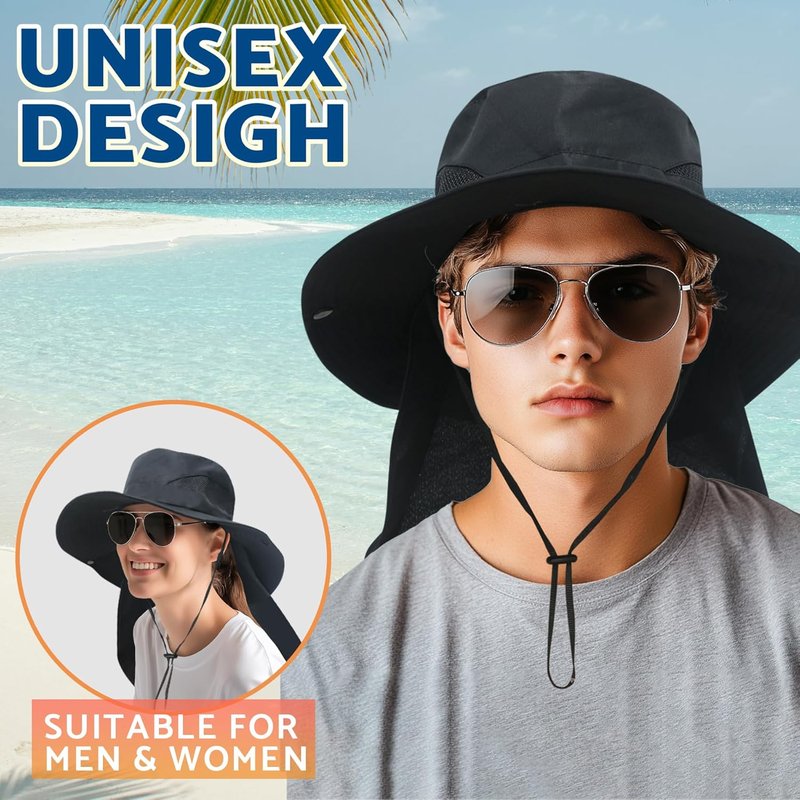 Sun Fishing Hat with Neck Flap - UV Protection Wide Brim Bucket Hat for Men & Women