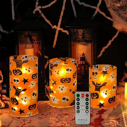 Flickering Flameless Candles Halloween Pumpkin Ghost Print, Embedded Star String Lights, Battery Operated Acrylic LED Pillar Candles with 11-Key Remote and Timer for Home Decoration, 3 Pack