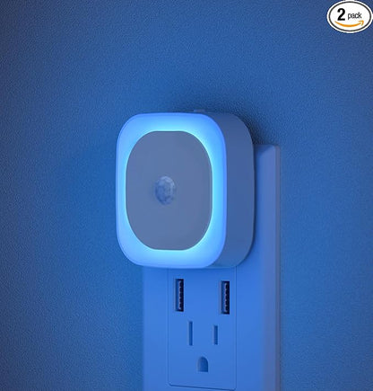 2 Pack Plug in Night Light with Motion Sensor & Dusk to Dawn Sensor, 3 Sensor Modes, Auto ON/Off, Dimmable, Night Lights Plug into Wall for Bathroom, Kitchen, Adults, Indoor, Light Blue