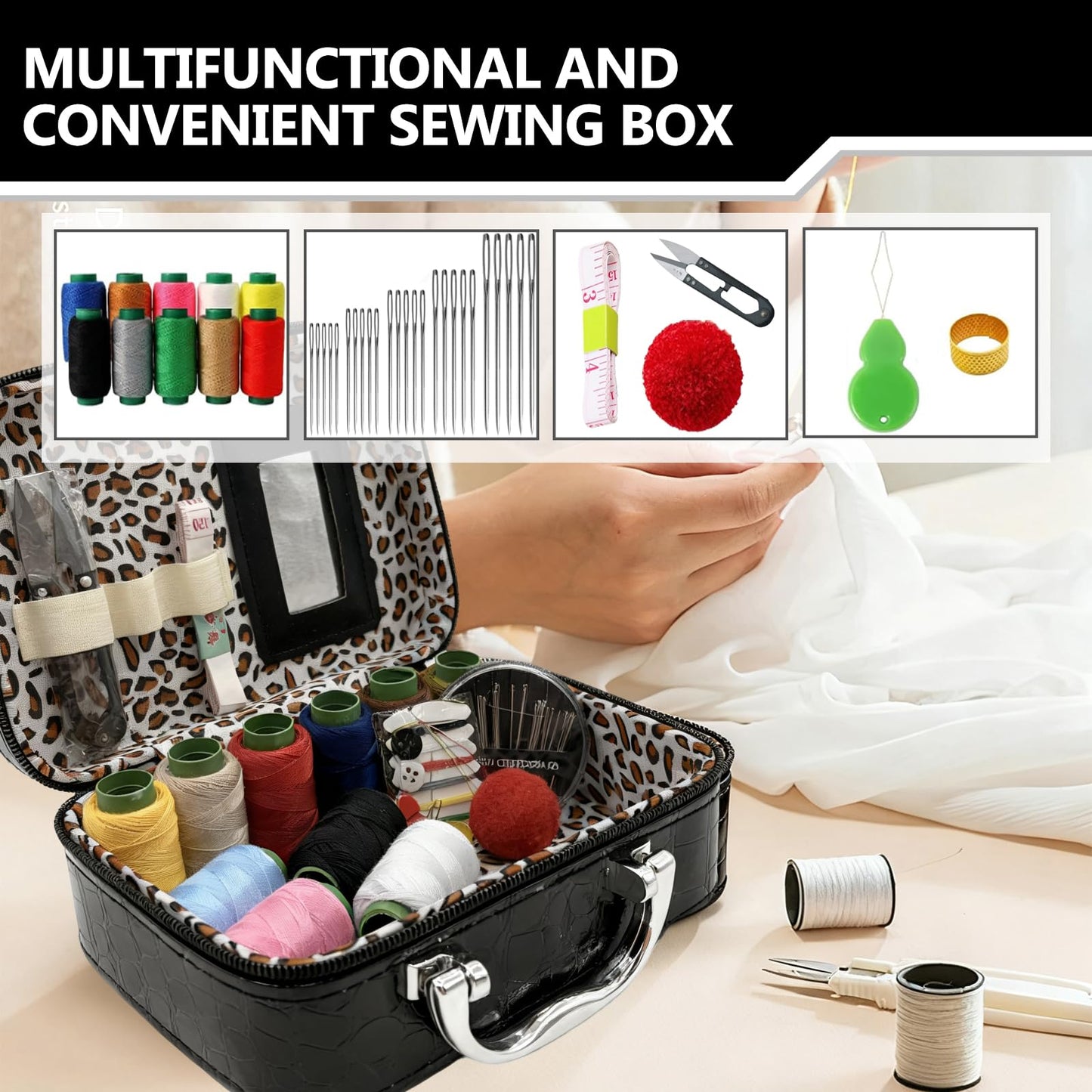 Wshxjzyay Portable Sewing Kit in Faux Leather Case, Sewing Kit, Fix Anything Anytime Portable for Beginners and Professionals