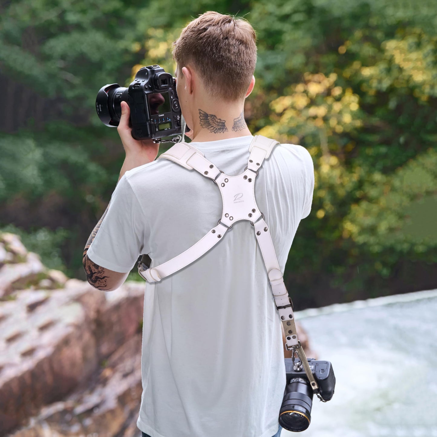 Padwa Lifestyle White Dual Camera Harness for Two Cameras - Wide Strap with Thick Shoulder Padded,Full Grain Leather Double Harness,Multi Camera Gear for DSLR Strap for Photographers