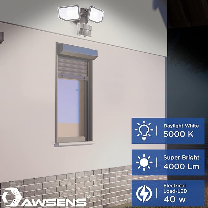 40W LED Security Lights Motion Sensor Light Outdoor, 180 Degree, 4000LM, 5000 K, ETL Water Resistant, Clear 2 Head Motion Detector Flood Light for Garage, Yard 2-Pack (Bronze)
