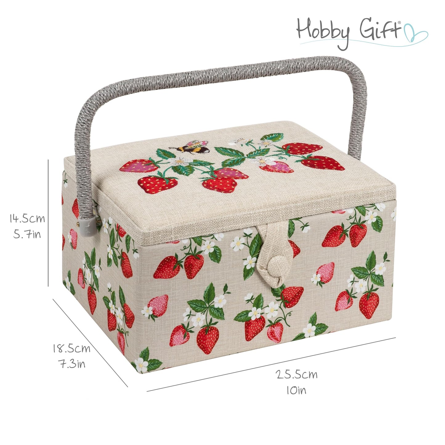 Hobby Gift Medium Sewing Box Organiser, Fabric Covered Storage Box with Handle, Internal Tray, Pin Cushion and Pocket for Sewing, Quilting and Knitting Supplies