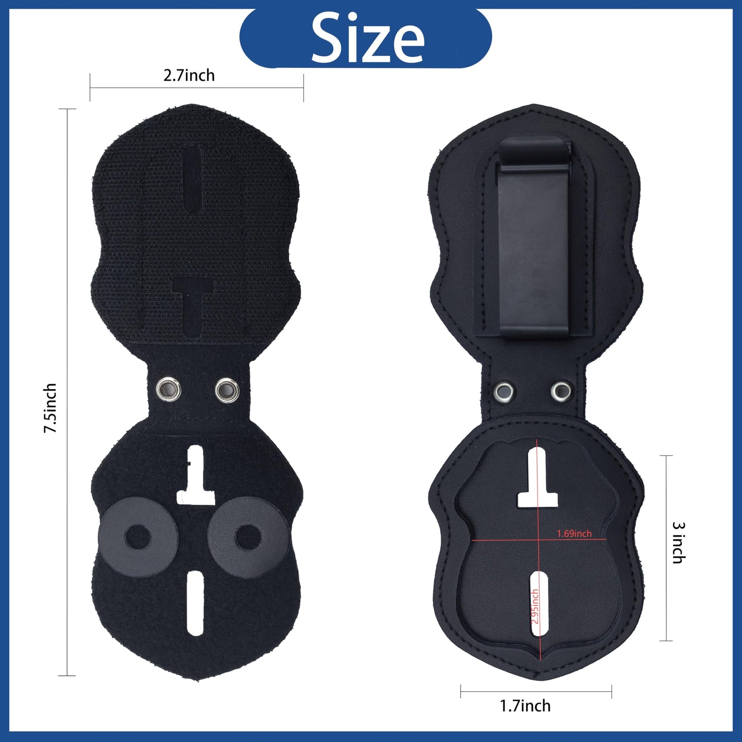 Police Badge Holder Made of Cowhide Universal Black with Leather Belt Buckle Hook Buckle and Stainless Steel Bead Chain Law Enforcement Officer Gifts Polygonal