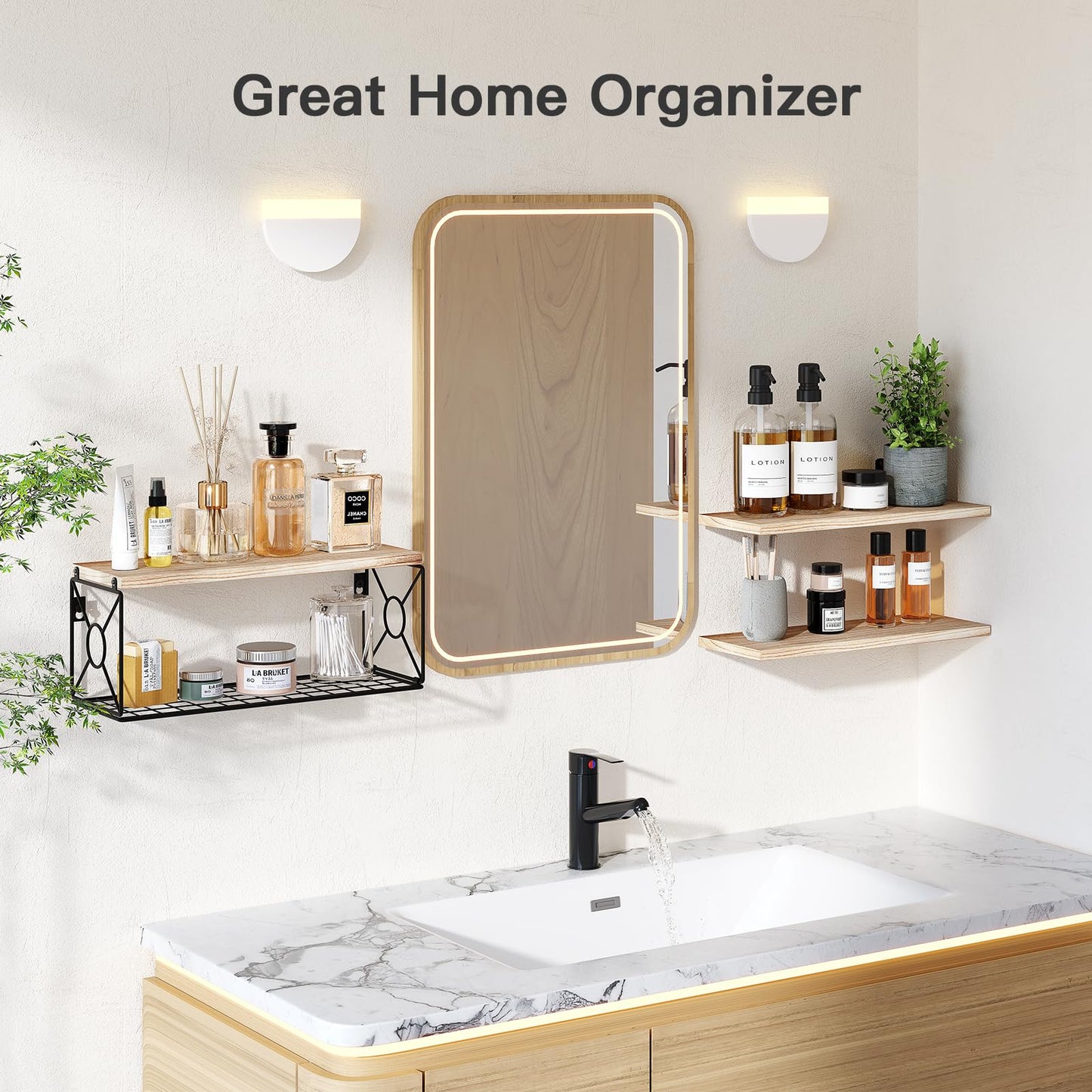 Amada Bathroom Shelves Over Toilet with Storage Basket, Floating Wall Shelves for Home Organization & Wall Decor, Bathroom/Kitchen/Living Room ShelvesBlack