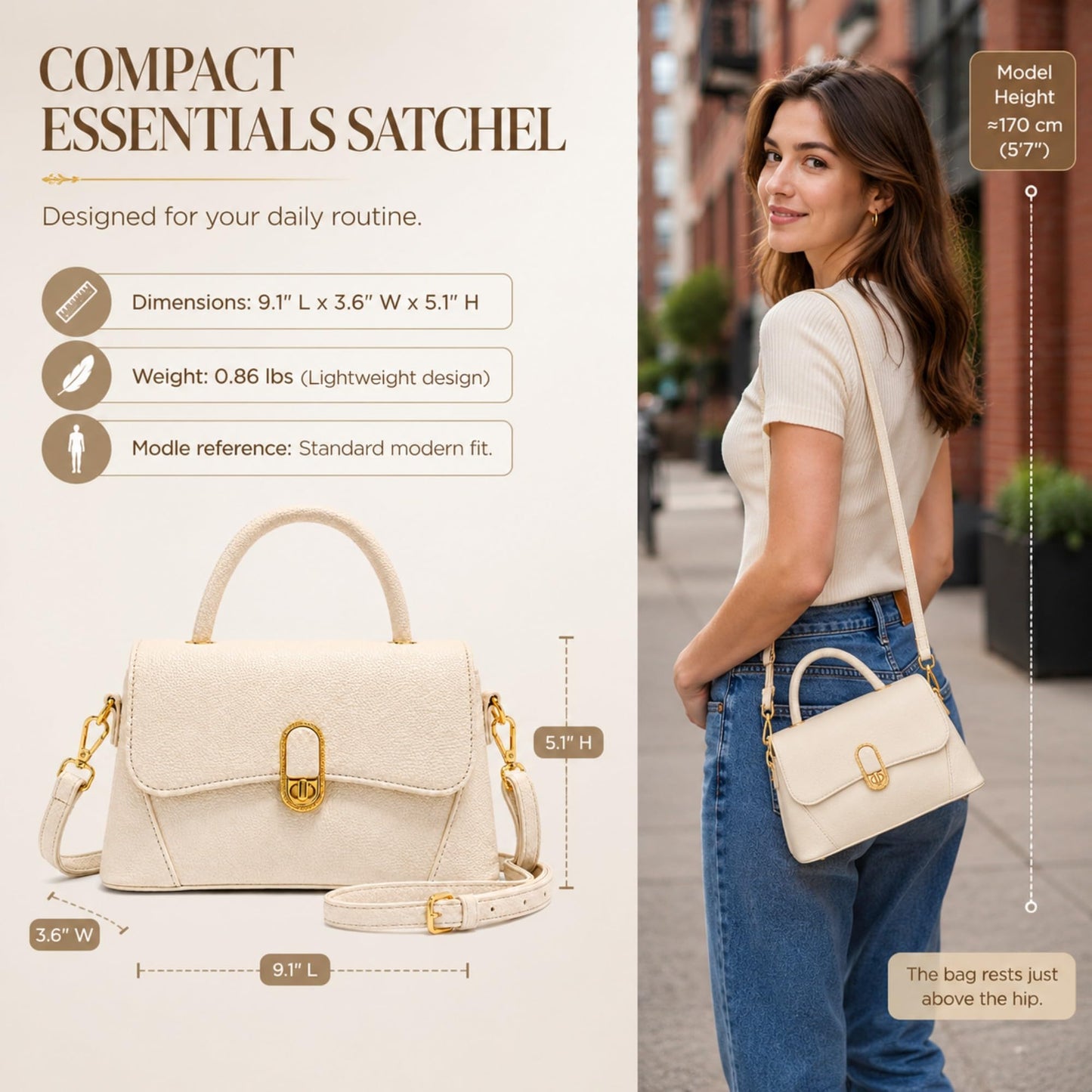 Crossbody Bag for Women Small Satchel Purse, Pebbled PU Leather Handbag with Top Handle, Adjustable Strap, Gold Turn Lock, Zip Pocket, White Everyday Shoulder Bag