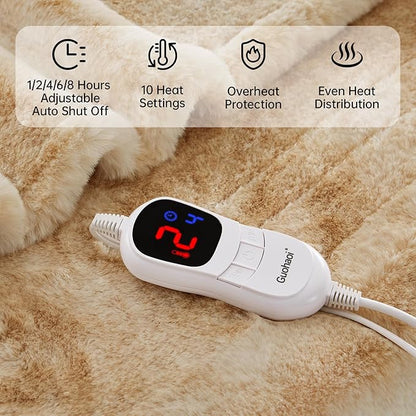 Guohaoi Heated Blanket Electric Throw, Soft Faux Rabbit Fur Electric Blanket with 10 Heating Levels 5 Sitting Timer Auto Off, Cozy Warm Heating Blankets, Machine Washable(72"×84" Beige)