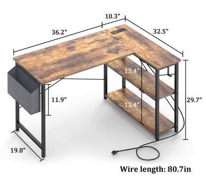 Mr IRONSTONE L Shaped Desk with Outlets & USB Ports, Reversible 47 Inch Office Desk, Corner Desk for Small Space, Home Office Desk with Storage Bag & Hook, Rustic Brown