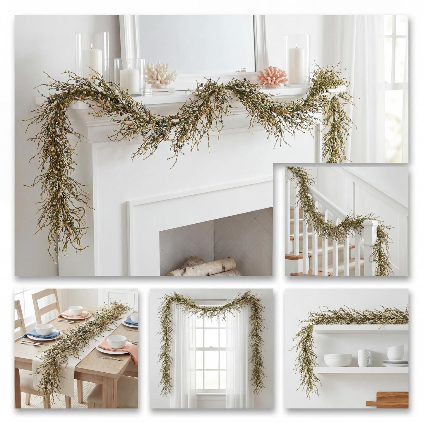 Quixem 60 Inch (5FT) Rustic Pastel Blue Peach & Yellow Pip Berry Garland for Fireplace Mantel & Table Runner, Flexible Wired Artificial Vine, Spring Farmhouse Decor, Precise Size