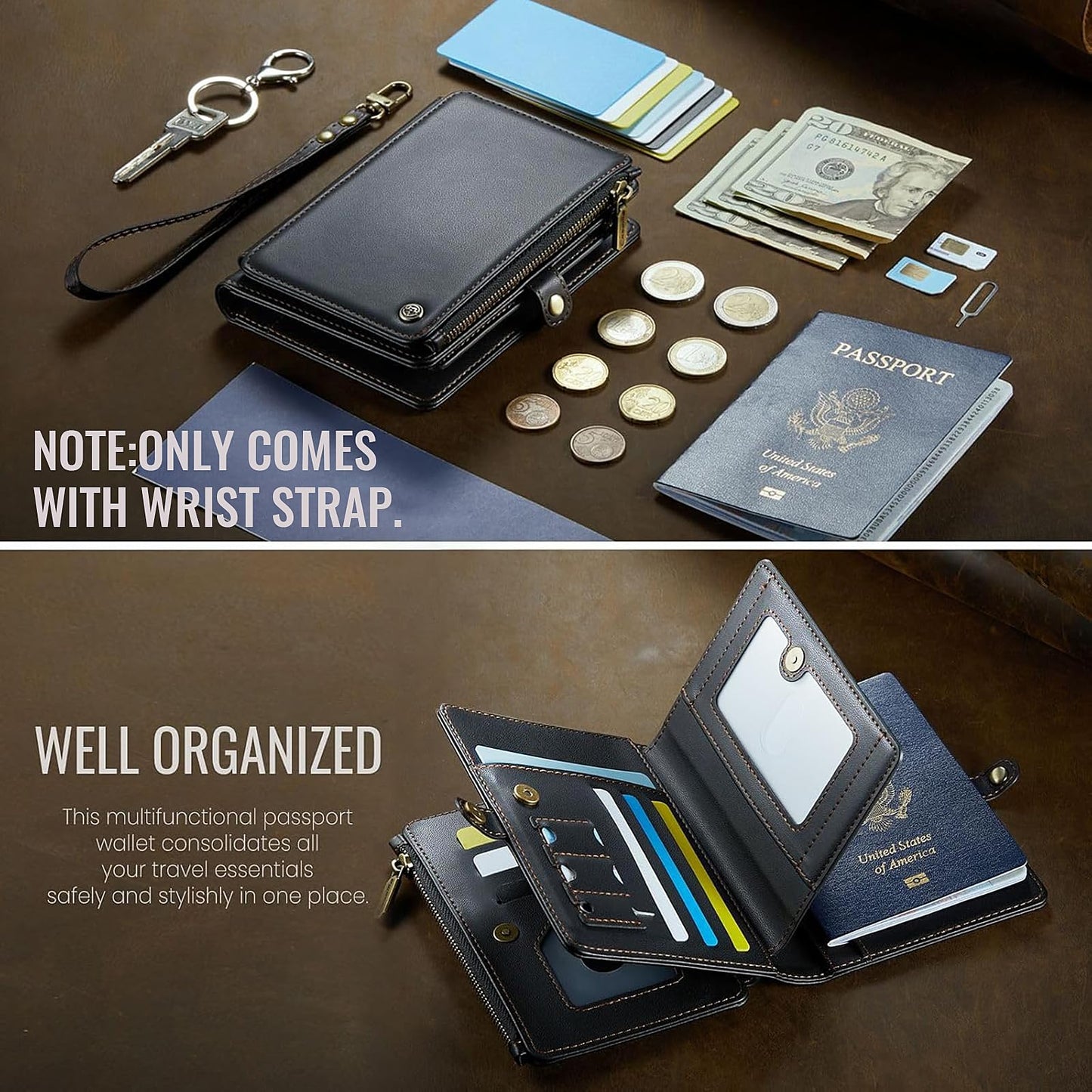 XIMAND Passport Holder Wallet Bag with AirTag Holder, 11 Card Slots and Passport Solt Cash Solt Photo Solt Zipper Pocket, RFID Blocking Wristlet Strap.Black