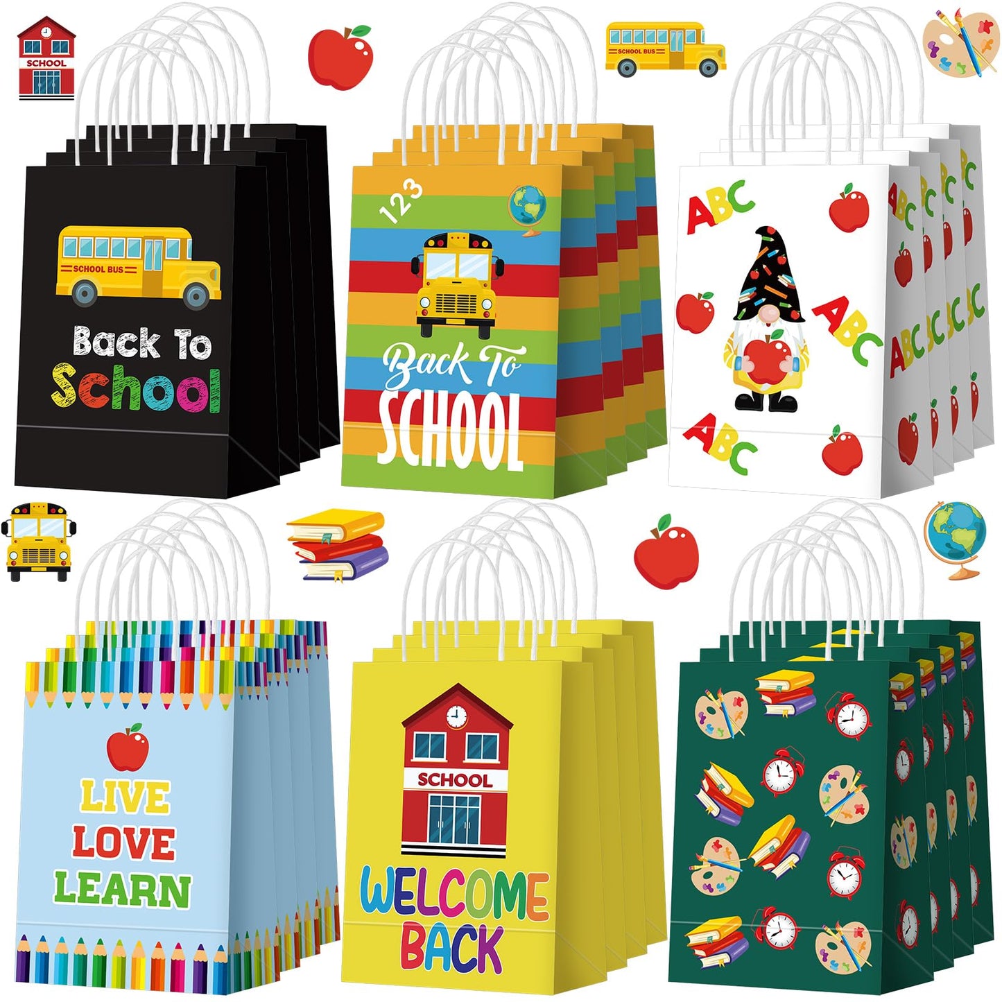 Kolldenn 24 Pcs Welcome Back to School Gift Goodie Bags with Handles First Day of School Party Favors Bags Paper Book Pencil Bus Gnome Candy Treat Pouch for Classroom Party Decorations Supplies