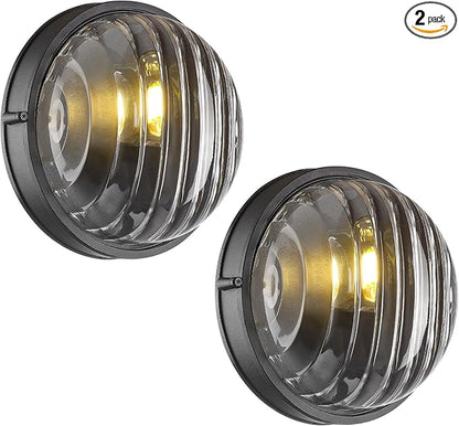 FEMILA 10" Modern Outdoor Wall Lantern, 2 Pack Nautical Outdoor Lighting, Bulkhead Sconce for Front Porch/Entry Light, Aluminum, Ripple Glass, ETL & UL Listed, 4FYX105FL-2 BK SW