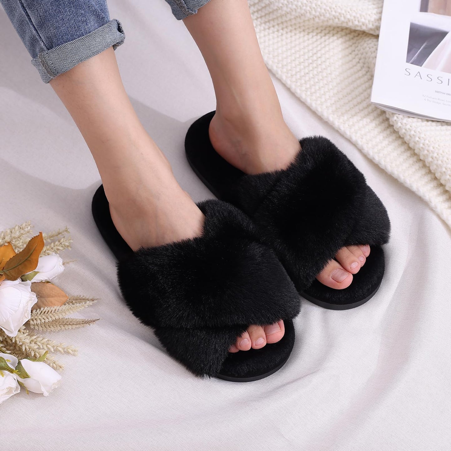 Evshine Women's Fuzzy Slippers Cross Band Memory Foam House Slippers Open Toe, Black, 36-37 (Size 5-6.5)