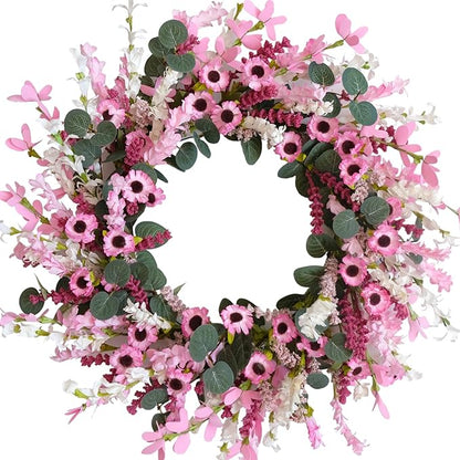 Idyllic 18 Inch Pink Daisy Wildflowers Spring Summer Wreath for Front Door, Pink Lavender Eucalyptus Leaves for Valentine Wedding, Faux Flower for Indoor and Outdoor