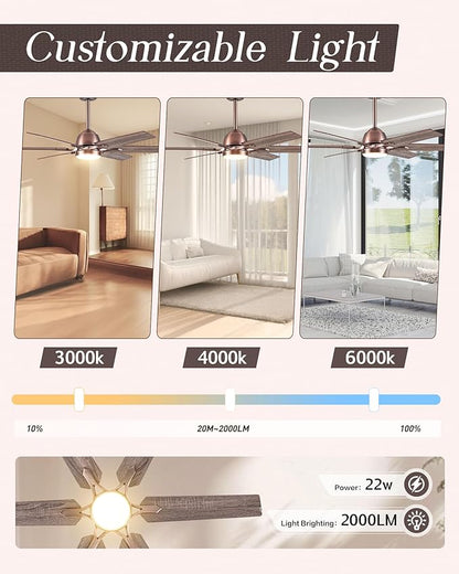 52" Oil Rubbed Bronze Smart Ceiling Fan with Light via WiFi Alexa,6-Speeds Quiet DC Motor,Dimmable,Outdoor Antique Bronze Large Ceiling Fan for Living Room,Bedroom,Dual Finish 6 Blades