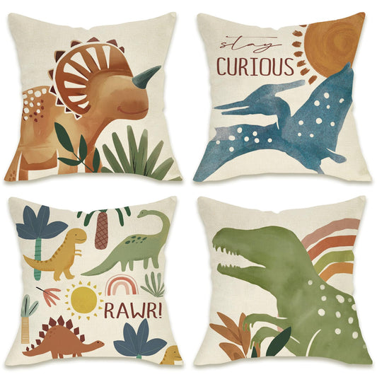 Fahrendom Boho Dinosaur Rawr Decorative Throw Pillow Covers 18 x 18 Set of 4, Bohemian Dino Stay Curious Porch Patio Outdoor Pillowcase, Sun Rainbow Plant Sofa Couch Cushion Case Home Decor