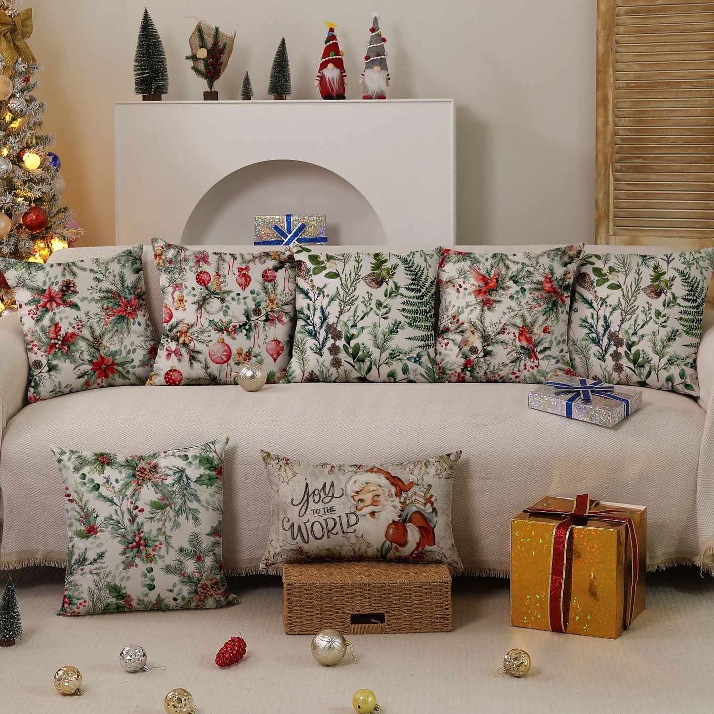DFXSZ Christmas Pillow Covers 18x18 Inch Set of 2 Xmas Pine Branches with Red Berry Pine Cone Decorative White Throw Pillows Winter Christmas Decor for Home Couch ST025D18