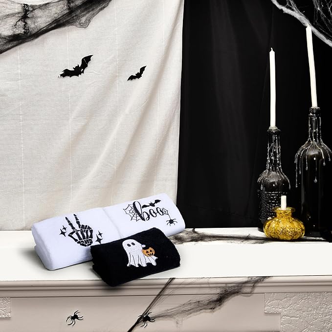 3 Pcs Halloween Hand Towels for Bathroom, Boo Ghost Black White Embroidered