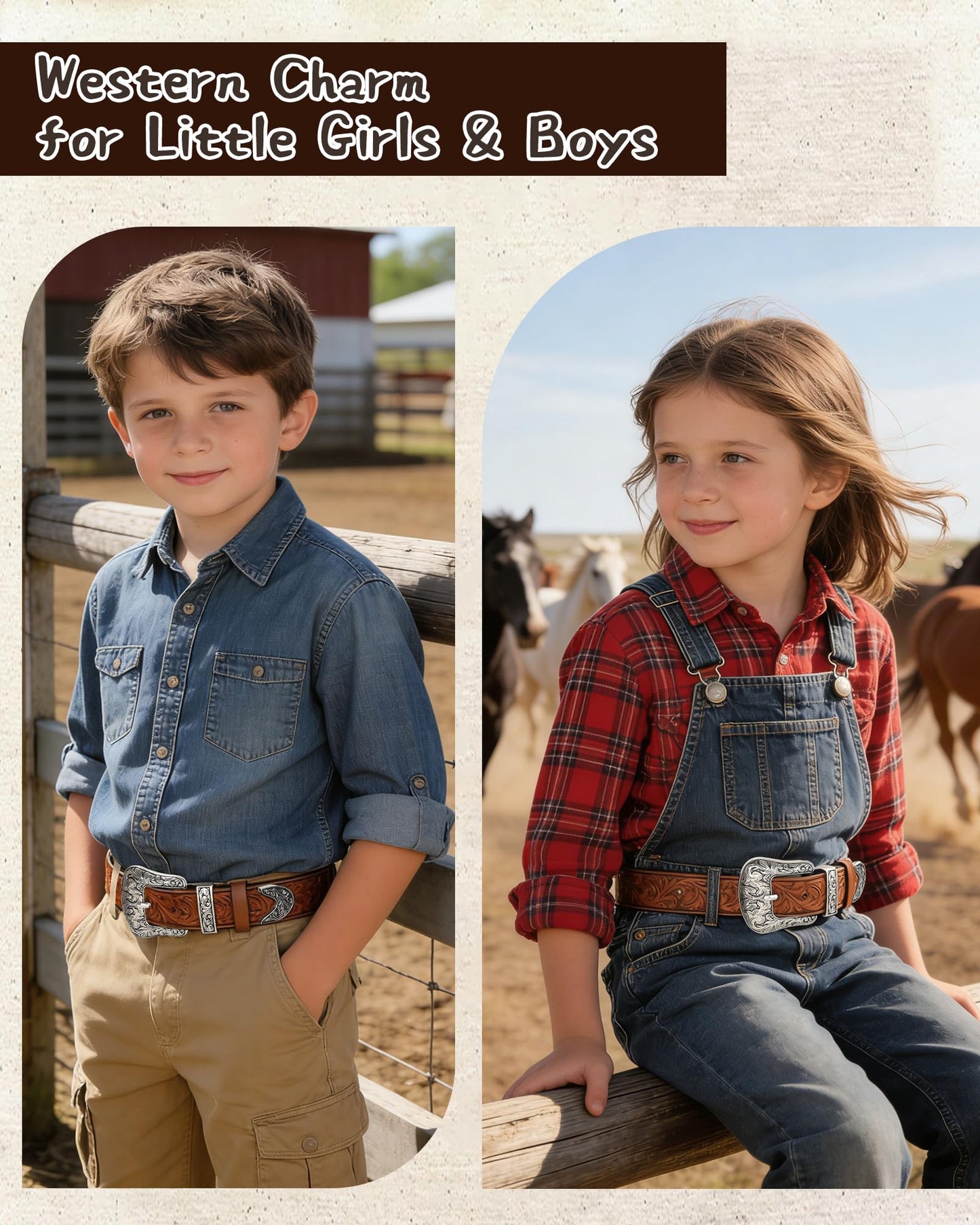 AWAYTR Kids Western Belt for Girls - Vintage Cowgirl Leather Belt for Jeans Dresses, Brown, Fit Waist 20-24in