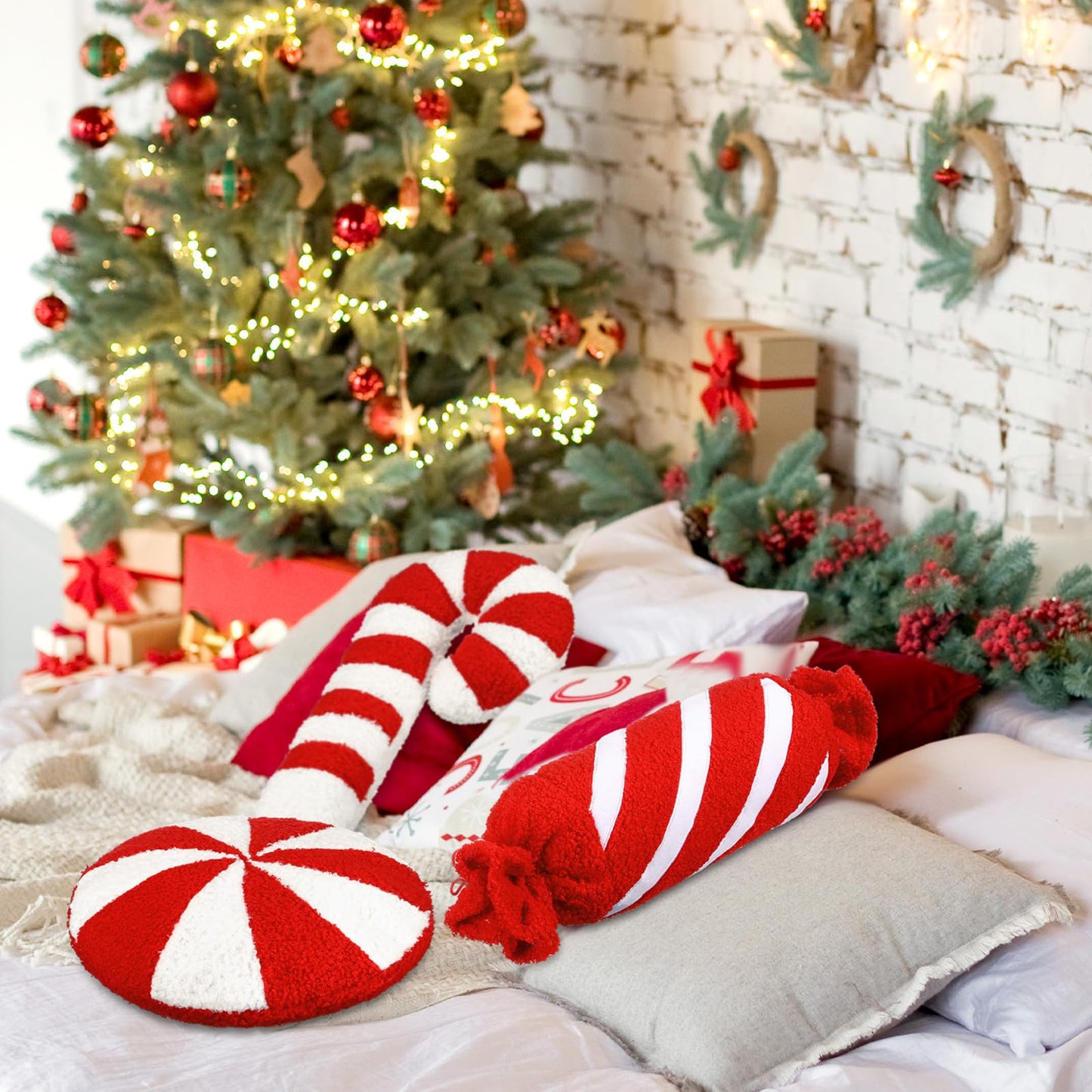 Anglechic 3 Pcs Christmas Pillows Decorative Throw Pillows Candy Merry Christmas Tree Stuffed Wool Soft Xmas Plush Cushion for Sofa Couch Bedroom Living Room(Red)