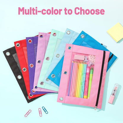 SUNEE Pencil Pouch for 3 Ring Binder, Large Zipper Pencil Case with Clear Window, 3 Reinforced Grommets, Binder Accessories for School and Office Supplies Storage, Red