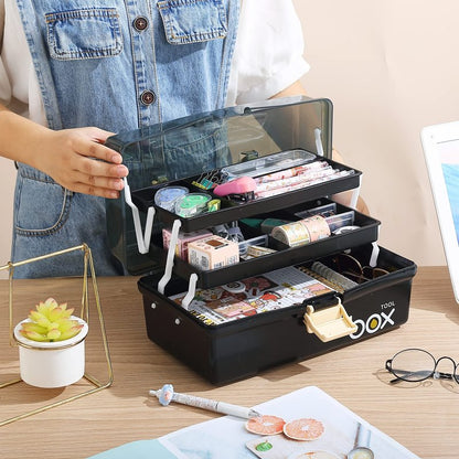 Kinsorcai 12'' Three-Layer Clear Plastic Storage Box/Tool Box, Multipurpose Organizer and Portable Handled Storage Case for Art Craft and Cosmetic (Black)