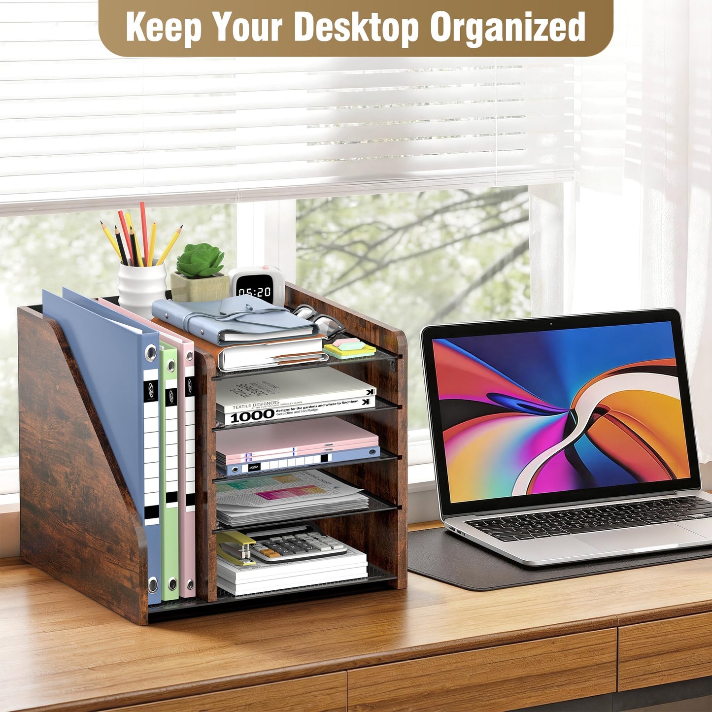 Desktop Storage with File Rack, 5-Layer Paper Letter Tray Storage, mesh Desktop Storage, and Storage Device with Office Supplies and Magazine Rack-Wood Grain
