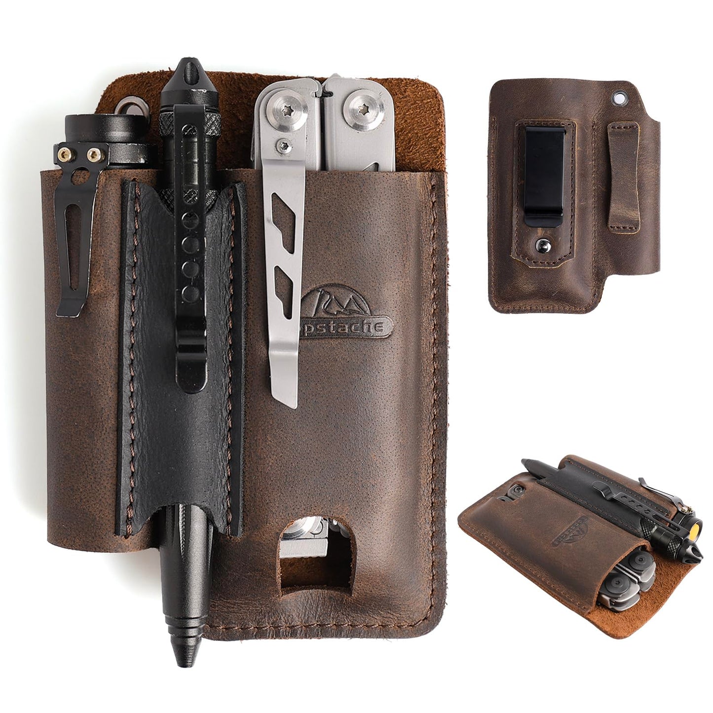 Topstache Leather Multitool Sheath with Belt Clip - Multi Tool Holster for Belt - EDC Belt Organizer Fits Multitool, Flashlight, Pen - Leather EDC Pouch, DarkBrown