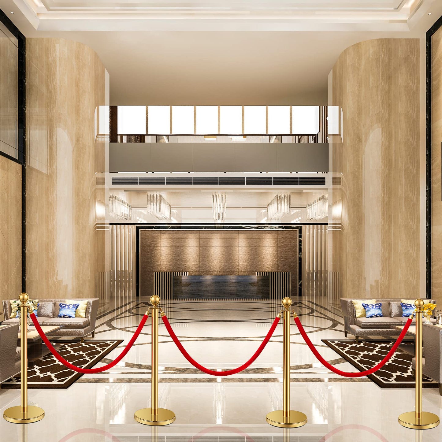 Ferraycle 4 Pcs 2026 Prom Stainless Steel Stanchion 5 ft Velvet Carpet Ropes and Pole Crowd Control Barriers Grand Opening Casino Movie Theme Party 360 Photo Booth Accessories (Gold)